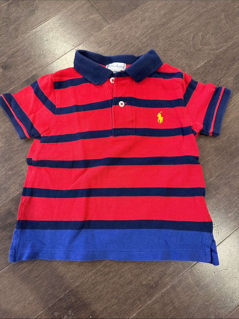 Ralph Lauren Red and Navy Striped Polo with Yellow Pony